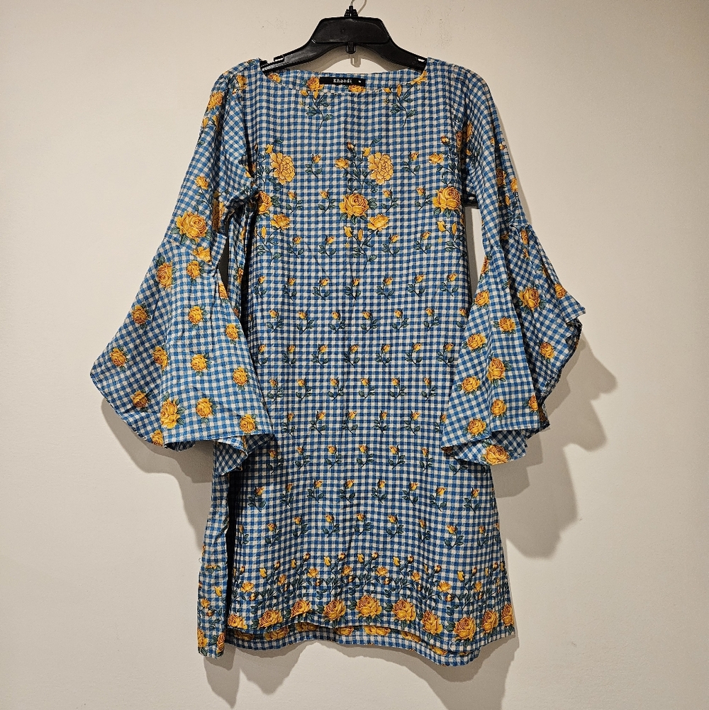 Khaadi Floral Checkered Dress with Bell Sleeves, Size 10